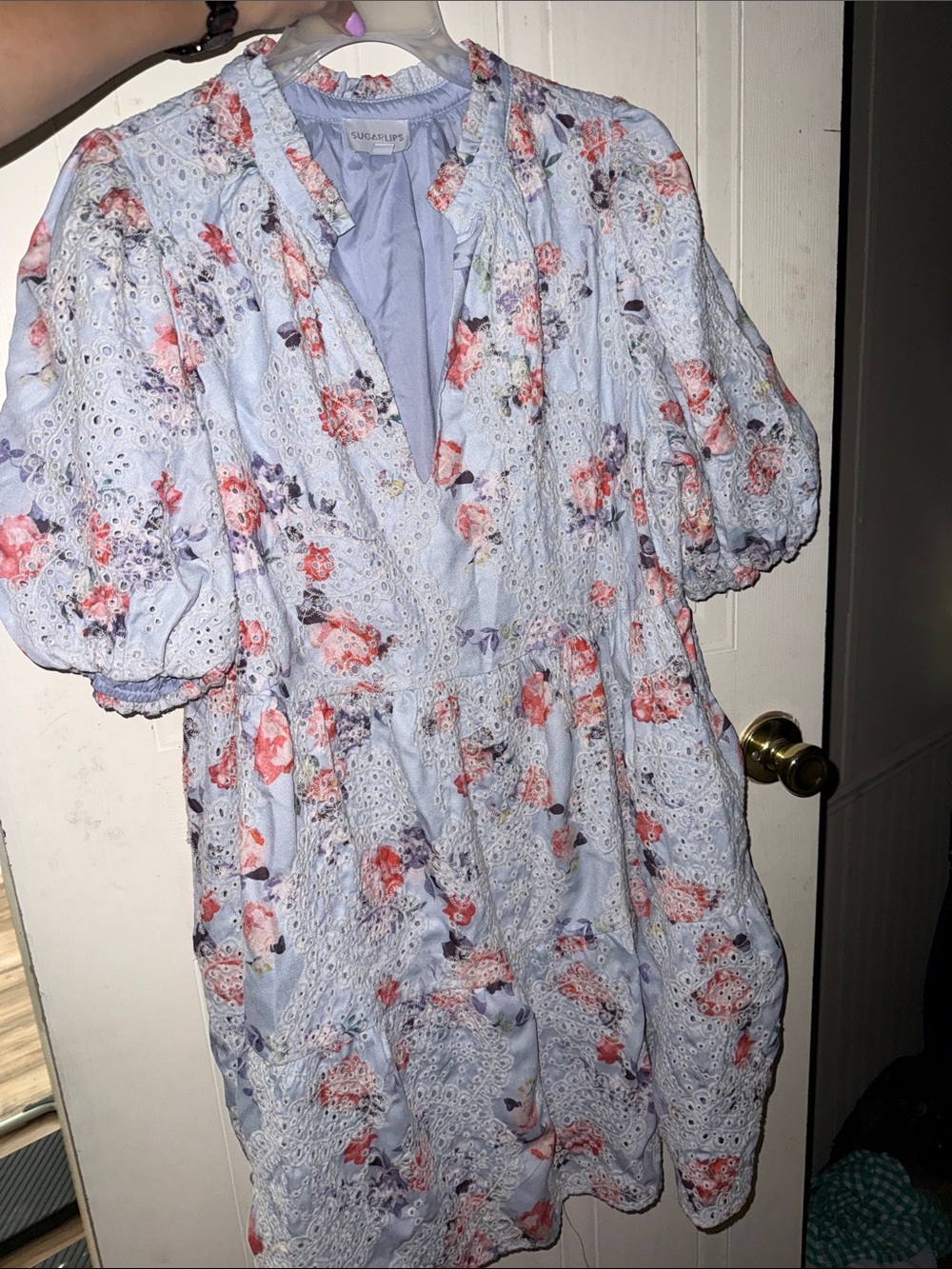 Blue Floral Eyelet Puff Sleeve Dress